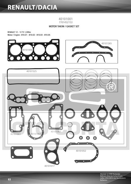 MOTOR TAKIM CONTASI KECESIZ SILINDIR KAPAK CONTALI 1.20 mm STANDART KAPAKLAR ICIN RENAULT R12 1.3 810.05 810.10 810.06 - OTOCONTA - OEM 7701459631