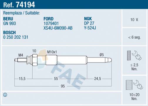 KIZDIRMA BUJİSİ FIESTA IV-FOCUS-FOCUS II-CONNECT-CMAX-SMAX-GALAXY-MONDEO 1.8 TDCİ/1.8 D - FAE - OEM XS4U6M090AB