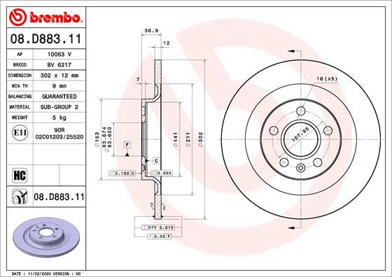 ARKA FREN DİSKİ VOLVO XC40 (536) (2017=>2021=> (CAP 302X 5 BIJON 16 İNÇ) - BREMBO - OEM 31471477