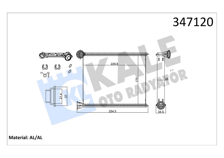 KALORIFER RADYATORU 220×170X22 BRAZING AL/AL PEUGEOT P308 1.4/1.6 16V 1.6/2.0HDI 07- - C3 PICASSO 1.6HDI 09- AC/NAC - KALE - OEM 6448.S4