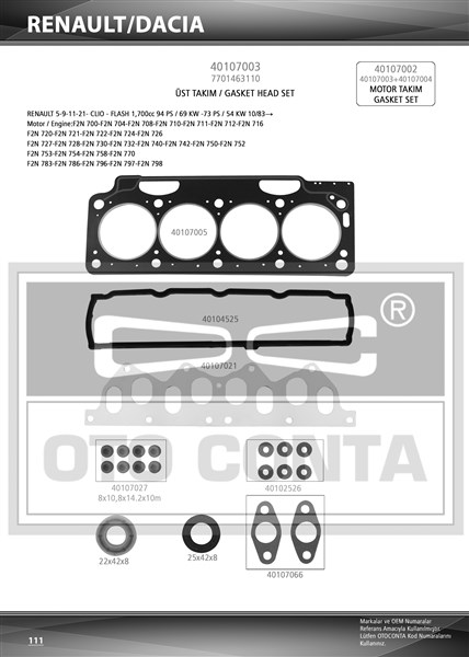 MOTOR TAKIM CONTASI KECELI SUBAP LASTIKLI RENAULT R9 R21 OPTIMA FAIRWAY 1.6 - OTOCONTA - OEM 7701467897