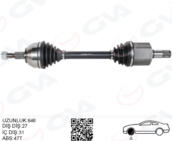 ÖN AKS KOMPLE SOL KUGA I 2.0 TDCI (08>14) (POWER. OTOM. 6 VİTESLİ ÇİFT KAVRAMA) 4X4 (646 MM DİŞ 27 İÇ DİŞLİ 31) - GVA - OEM AV4N3B437AA