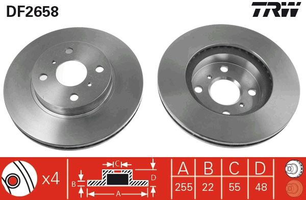 ÖN FREN DİSKİ (HAVA KANALLI) TOYOTA COROLLA 1,6L 4A-FE (enjeksiyonlu) AE101 AE111 92-00 (255 çap x 4 bijon) - Takım disk fiyatıdır - TRW - OEM 4351212550