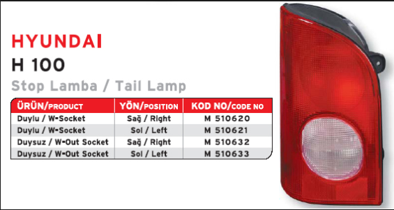 STOP LAMBASI SAG H100 YM MINIBUS 97>05 DUYSUZ - MARS - OEM 9240243800
