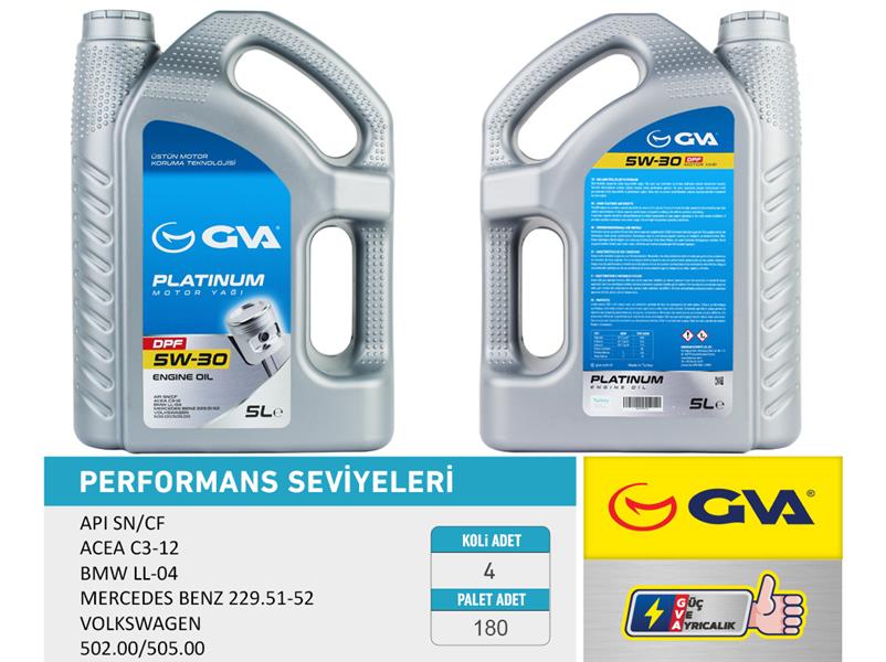 MOTOR YAĞI 5W30 5 LT PLATINUM PARTİKÜLLÜ-DPF TAM SENTETİK API SN/CF - GVA - OEM 5W30