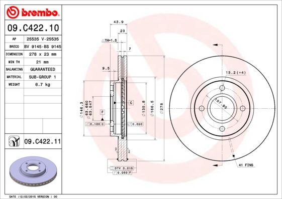 ON FREN DISK AYNASI B MAX 12> FIESTA VI 13> TRANSIT COURIER 14> - BREMBO - OEM AY111125AA
