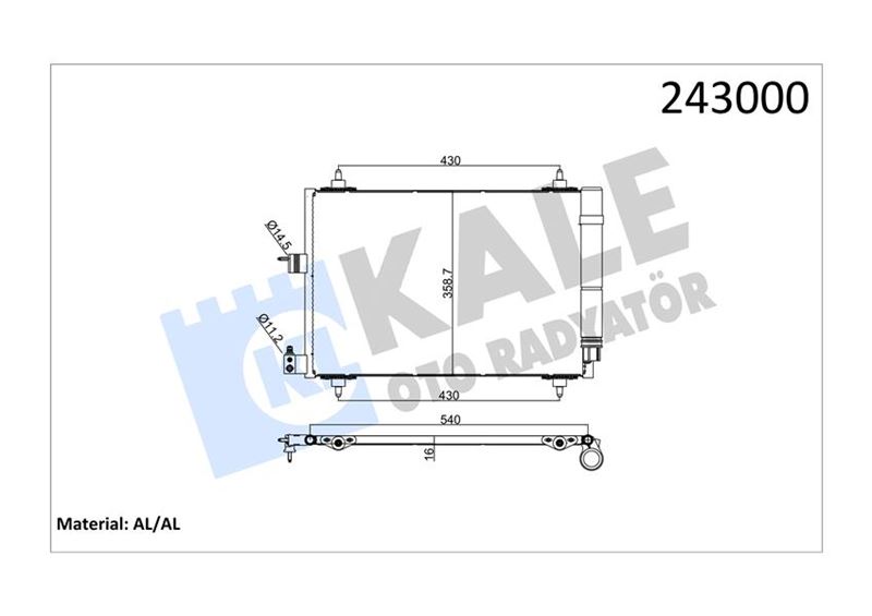 KLIMA RADYATORU 520×358X16 BRAZING AL/AL KURUTUCULU PEUGEOT PARTNER - KARSAN M59 TIP 1 - CITROEN BERLINGO XSARA 1.9D DW8-DW8B 02- MT - KALE - OEM 6455.AT