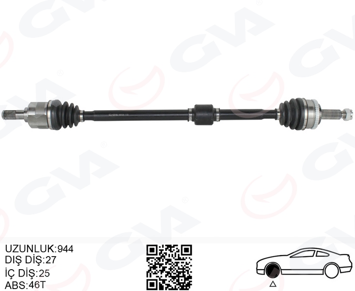 KOMPLE AKS SAĞ HYUNDAI İ30 1.4L 1.6L G4FA G4FC Benzinli 07-11 ABS`li (27x25 - ABS= 46 diş) komple boy = 941mm - GVA - OEM 495002L000