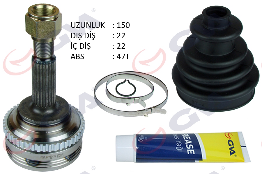 AKS KAFASI DIŞ ÖN KALOS 1.4 16V-AVEO 1.4 16V (03-08) ABS`Lİ (47DİŞ) (MANUEL) (22x22x52) 150mm - GVA - OEM 96348790