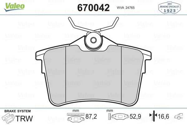 ARKA FREN BALATASI P307 00>09 P308 07>14 PAR - VALEO - OEM 1623180680