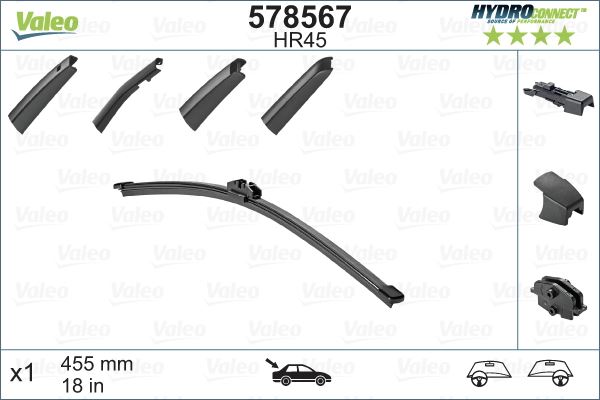 (x) SİLECEK SÜPÜRGESİ ARKA 45cm (X1) MUZ TİPİ (HydroConnect) (ÇOKLU BAĞLANTILI) (ÜNİVERSAL) (HR45) - VALEO - OEM 578567