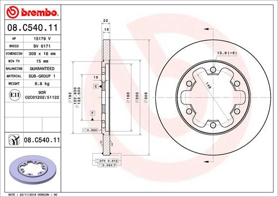 ARKA FREN AYNASI TRANSİT V363 14=> (ÇİFT TEKER) (308x18x122.5x22x6DL) - BREMBO - OEM KK312A315BB