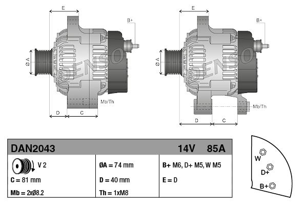 ALTERNATOR DAN2043 ALT A115 14V 85A - DENSO - OEM 3671529M91