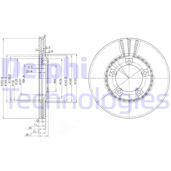 ÖN FREN DİSKİ (HAVA KANALLI) HYUNDAI H100 2,5L D4BA D4BF 4D55 4D56 PANELVAN 94-05 / 2.6L D4BB KAMYONET 96-03 (253 çap x 5 bijon) - Takım disk fiyatıdır - DELPHI - OEM 5812944010