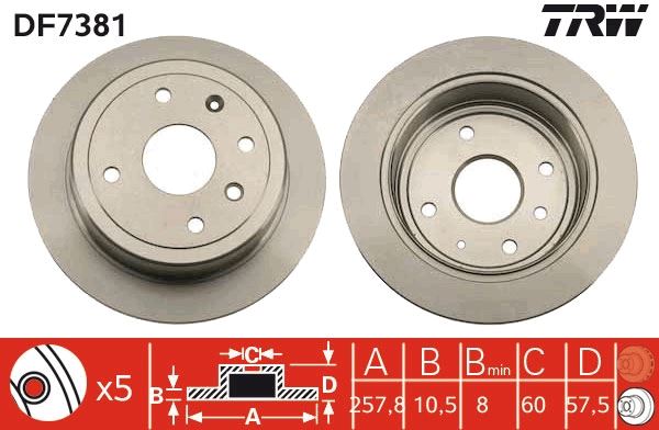 ARKA FREN DİSKİ AVEO 05>13 LACETTI 2005 > NUBIRA 2005 > OPTRA 2003-2008 (257X10.5X60X4DL DOLU) - TRW - OEM 96549630