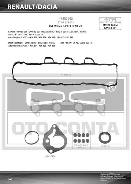 MOTOR UST TAKIM CONTA CORTECO KECELI SKCLI FLUENCE MEGANE III CLIO III 1.5DCI K9K