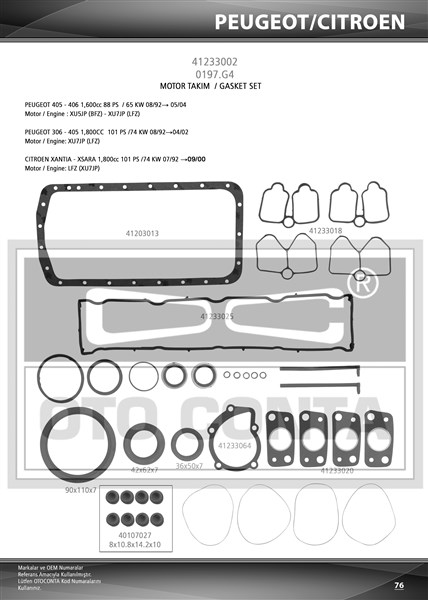 TAM TAKIM CONTA SETI KECELI SUBAP LASTIKLI SILINDIR KAPAK CONTASIZ PEUGEOT P306 P405 BFZ XU5JP LFZ XU7JP - OTOCONTA - OEM 0197.G4