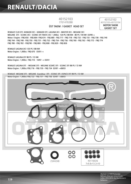 MOTOR UST TAKIM CONTASI KECELI SILINDIR KAPAK CONTASIZ SUBAP LASTIKLI OPEL MOVANO VIVARO RENAULT LAGUNA MEGANE SCENIC KANGOO F9Q 760 762 770 772 774 710 730 734 - OTOCONTA - OEM 7701470288