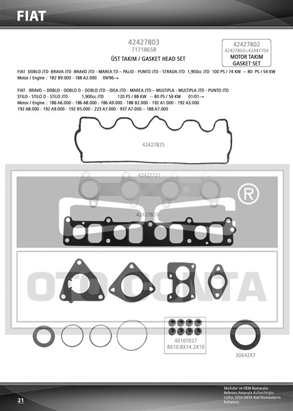 ÜST TAKIM CONTASI DOBLO-ASTRA H-VECTRA C-ZAFIRA 1.9 JTD (KEÇELİ + SKC`SİZ + SUBAP LASTİKLİ) - OTOCONTA - OEM 71718658