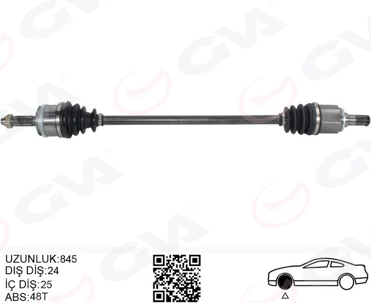 KOMPLE AKS SAĞ HYUNDAI İ10 1.1L G4HG BENZİNLİ MANUEL VİTES 08-13 ABS`Lİ (24X25 - ABS= 48 DİŞ) KOMPLE BOY = 845MM - GVA - OEM 495000X110