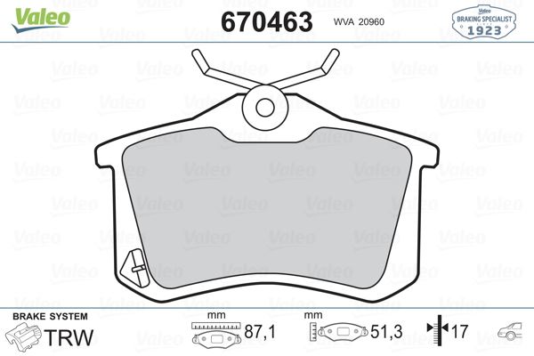 ARKA BALATA FLUENCE-MEGANE II-III-P207-P308-P307-PARTNER-BERLINGO-C2-C3-C4-CROSSLAND- BORA-PASSAT 97>GOLF IV-V-POLO (87x52,9x17) - VALEO - OEM 1345340